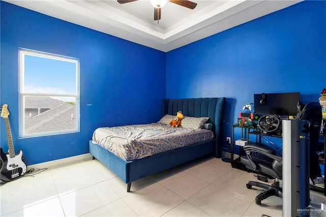 4805 Galilea St, Edinburg, TX 78542 - bedroom with a tray ceiling, tile patterned flooring, and ceiling fan