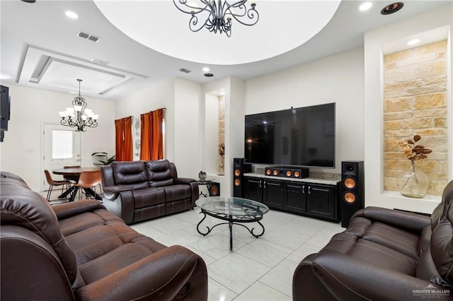 4805 Galilea St, Edinburg, TX 78542 - living room featuring a chandelier, light tile patterned flooring, and recessed lighting