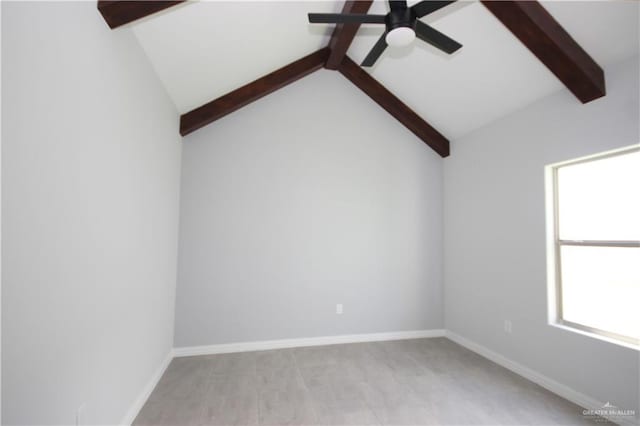 spare room featuring lofted ceiling with beams and ceiling fan