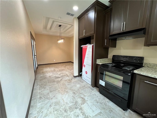 kitchen featuring visible vents, black electric range oven, light stone countertops, baseboards, and under cabinet range hood