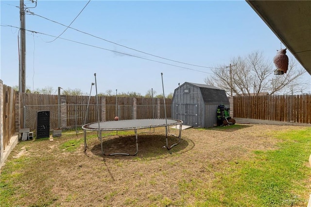 view of yard featuring a trampoline and a storage shed