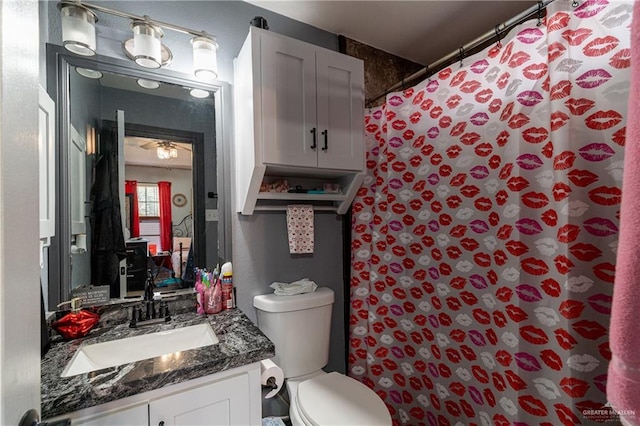 bathroom featuring vanity, a shower with shower curtain, and toilet