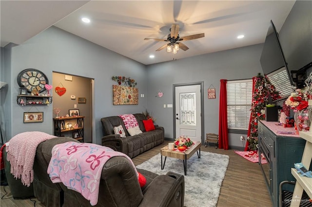 living room featuring ceiling fan and wood-type flooring