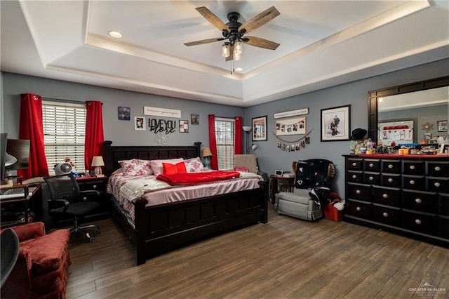 bedroom with a tray ceiling, ceiling fan, and dark hardwood / wood-style flooring