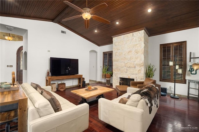 living room with vaulted ceiling with beams, a fireplace, wooden ceiling, and dark hardwood / wood-style floors