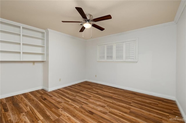 unfurnished room with crown molding, ceiling fan, and hardwood / wood-style flooring