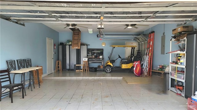 garage featuring electric panel, ceiling fan, and a garage door opener