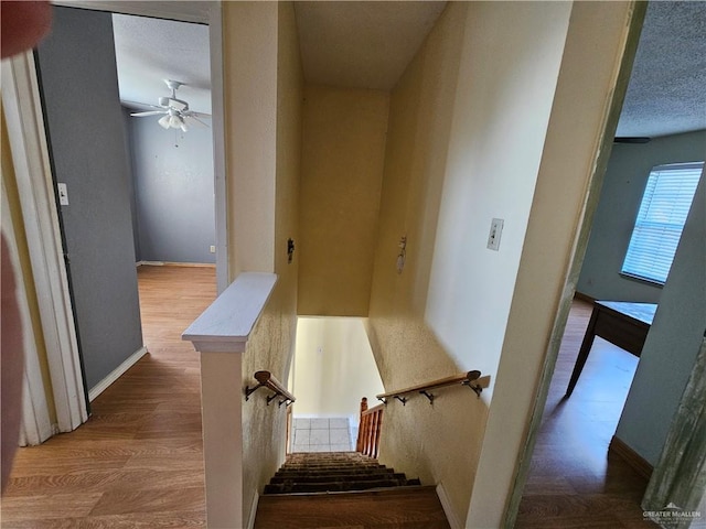 stairway featuring ceiling fan, wood-type flooring, and a textured ceiling