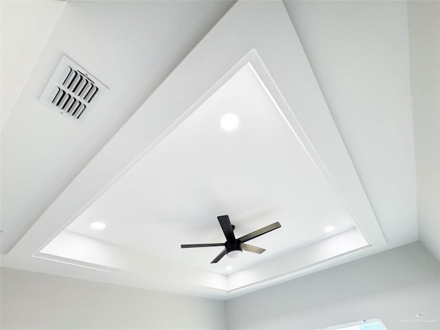 details with ceiling fan and a tray ceiling