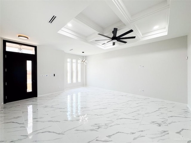 empty room featuring beam ceiling, coffered ceiling, and ceiling fan