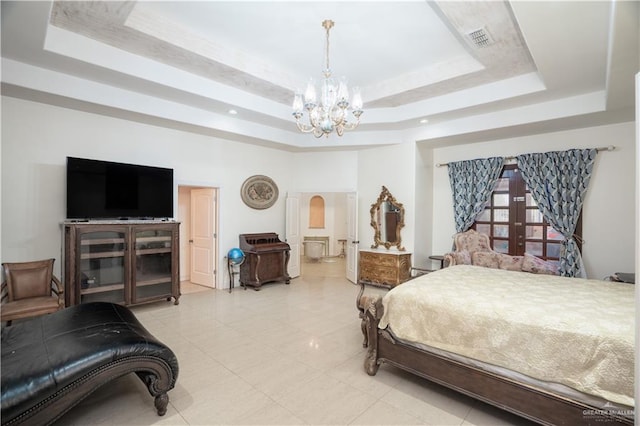 bedroom with visible vents, light tile patterned floors, arched walkways, an inviting chandelier, and a tray ceiling