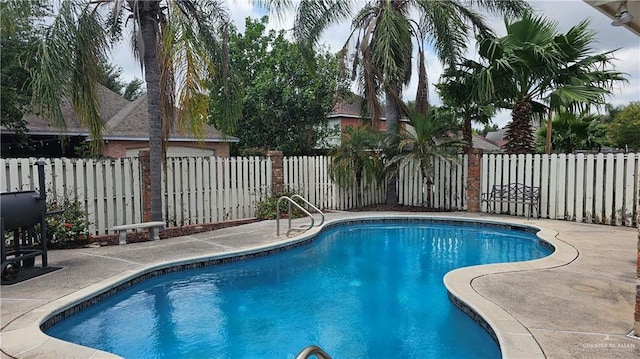 view of swimming pool featuring a patio, a fenced in pool, and a fenced backyard