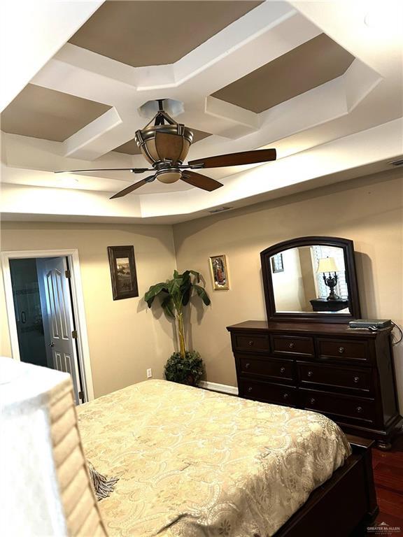 bedroom with hardwood / wood-style floors, a tray ceiling, and ceiling fan