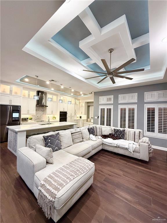 living room featuring dark hardwood / wood-style floors, ceiling fan, a tray ceiling, and sink