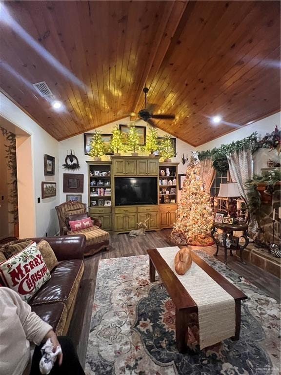 living room with wood ceiling, ceiling fan, wood-type flooring, and lofted ceiling