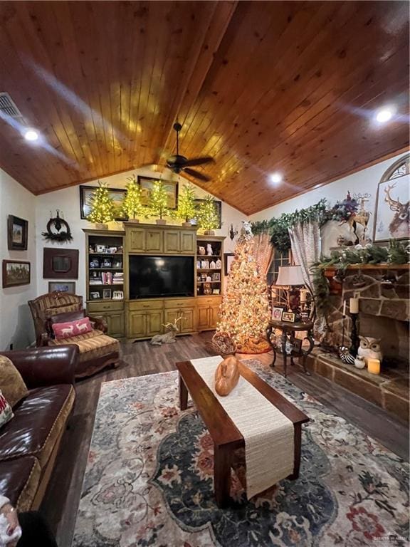 living room featuring ceiling fan, hardwood / wood-style floors, wood ceiling, and vaulted ceiling