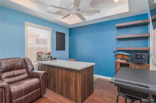 4116 N Flores St, Edinburg, TX 78541 - office space with dark wood finished floors, a ceiling fan, and a tray ceiling