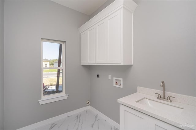 clothes washing area featuring washer hookup, sink, cabinets, and hookup for an electric dryer