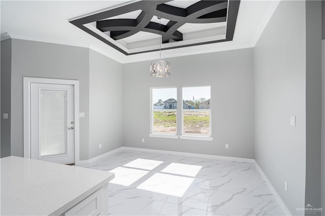 empty room featuring an inviting chandelier, a towering ceiling, ornamental molding, and coffered ceiling