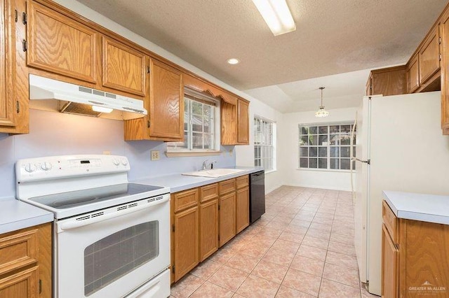 2109 E 28th St, Mission, TX 78574 - kitchen with under cabinet range hood, brown cabinetry, white appliances, and light countertops