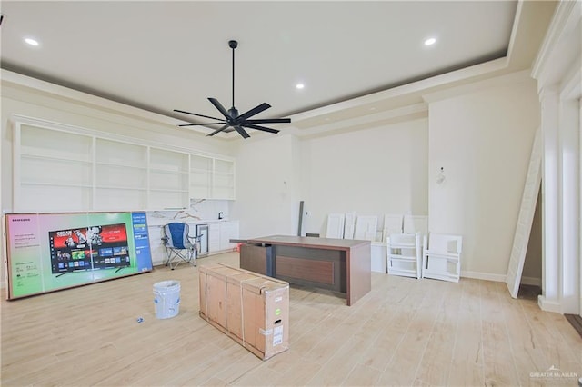 kitchen with ceiling fan, open shelves, recessed lighting, and light wood-style floors