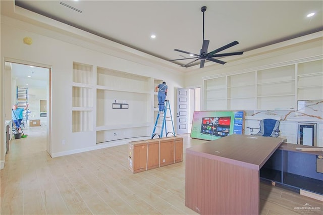 office area with built in shelves, recessed lighting, visible vents, a ceiling fan, and light wood-type flooring