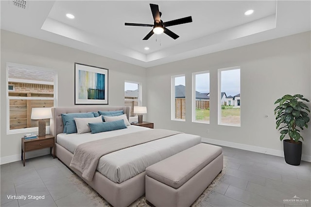 4012 Burr Dr, Edinburg, TX 78542 - bedroom with a raised ceiling, recessed lighting, light tile patterned floors, and ceiling fan