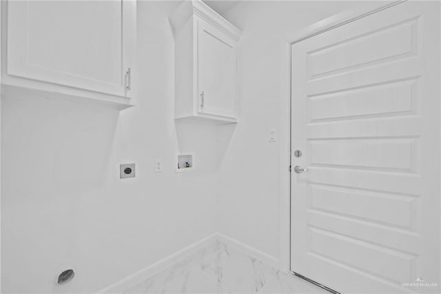 laundry room featuring hookup for an electric dryer, hookup for a washing machine, baseboards, marble finish floor, and cabinet space
