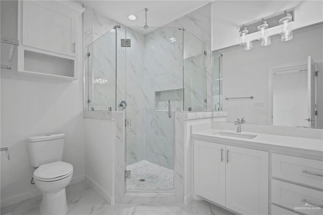 full bathroom with marble finish floor, a marble finish shower, toilet, and vanity