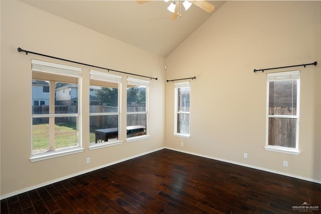 unfurnished room with ceiling fan, high vaulted ceiling, and hardwood / wood-style flooring