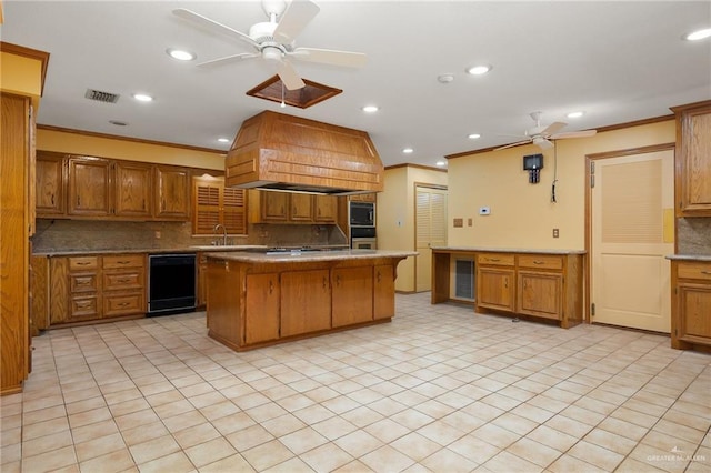 kitchen with premium range hood, ornamental molding, a center island, ceiling fan, and black appliances