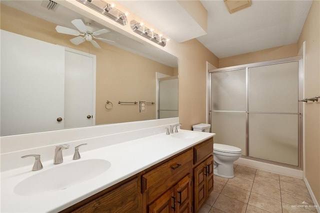 bathroom featuring ceiling fan, an enclosed shower, vanity, tile patterned floors, and toilet