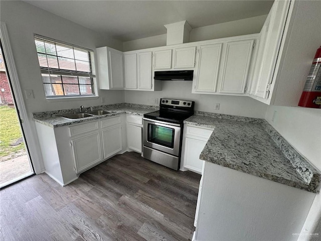 2504-2606 N M Rd, Edinburg, TX 78542 - kitchen featuring electric range, under cabinet range hood, white cabinets, and dark wood-style floors