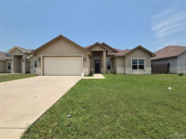 16637 W Barnes Ct, Harlingen, TX 78552 - single story home with stone siding, stucco siding, an attached garage, and concrete driveway