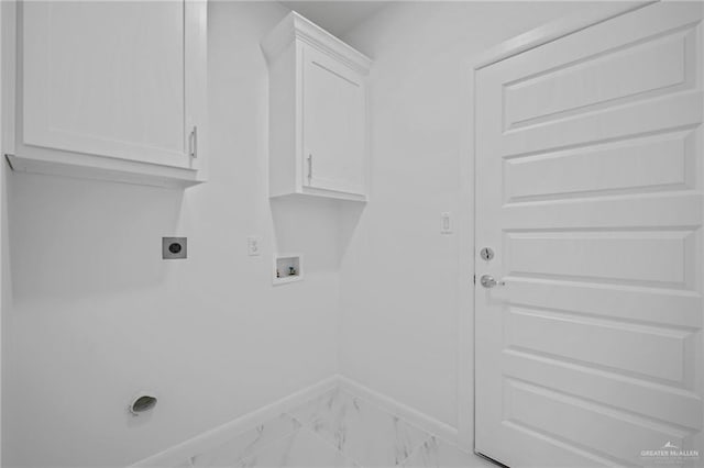 laundry room featuring hookup for a washing machine, baseboards, cabinet space, electric dryer hookup, and marble finish floor