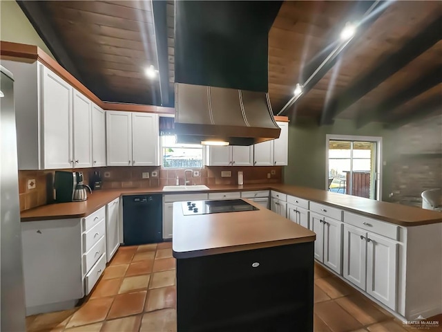 kitchen featuring a center island, black appliances, white cabinetry, kitchen peninsula, and wooden ceiling