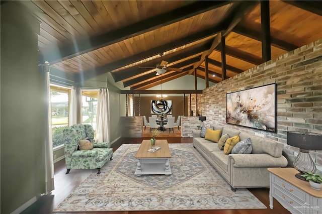 living room with beam ceiling, wood-type flooring, brick wall, ceiling fan with notable chandelier, and wooden ceiling