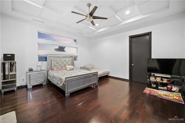 bedroom with ceiling fan, dark wood-type flooring, and coffered ceiling