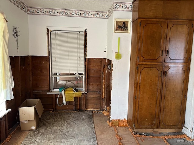 interior space featuring wood walls