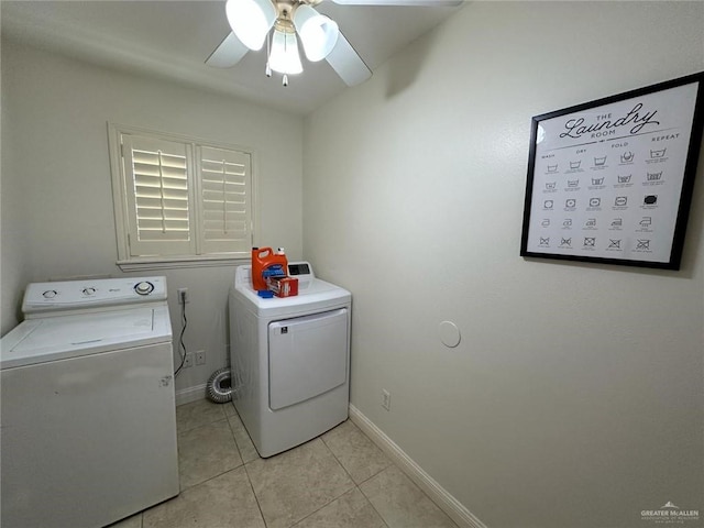 laundry room featuring independent washer and dryer, light tile patterned floors, laundry area, a ceiling fan, and baseboards