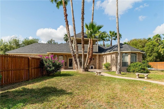 view of front of property featuring a balcony and a front yard