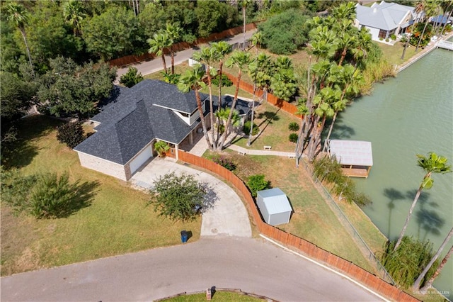 drone / aerial view with a water view