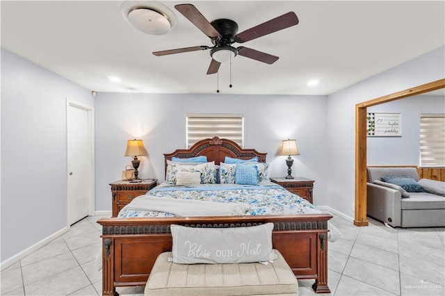 18064 Garrett Rd, Harlingen, TX 78552 - bedroom featuring light tile patterned floors, ceiling fan, and recessed lighting