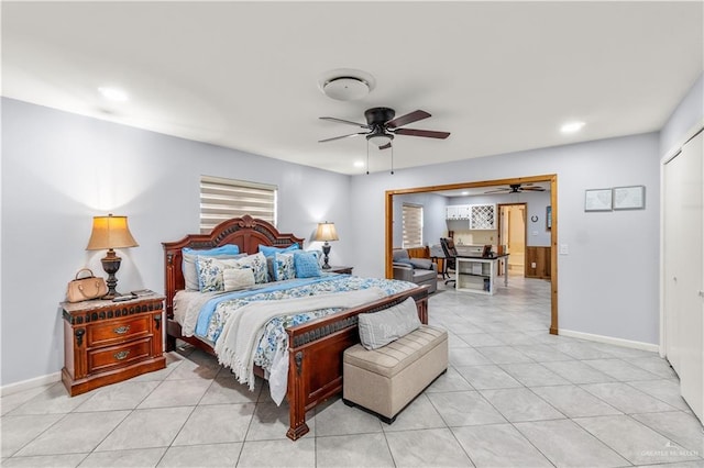 18064 Garrett Rd, Harlingen, TX 78552 - bedroom with recessed lighting, light tile patterned floors, and ceiling fan