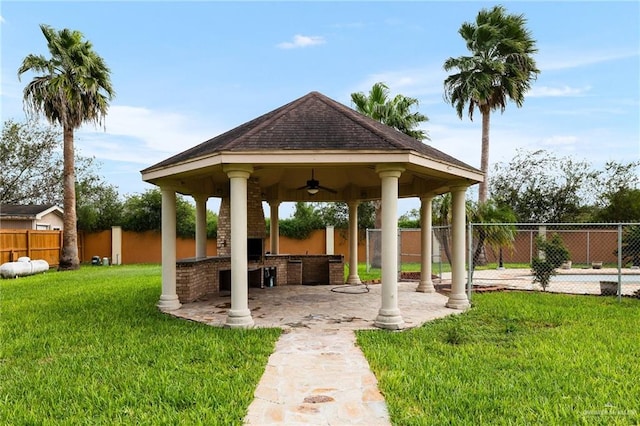 view of community featuring a gazebo, a yard, area for grilling, and a patio