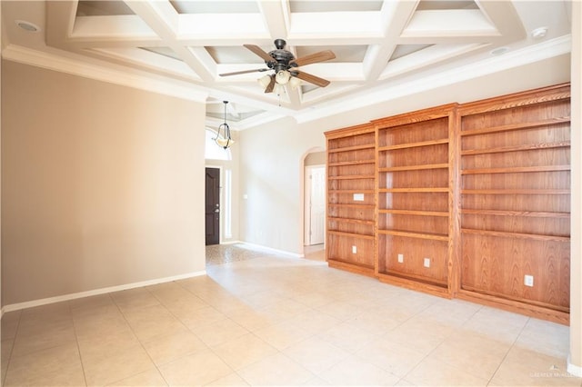 spare room with light tile patterned flooring, coffered ceiling, ceiling fan with notable chandelier, ornamental molding, and beam ceiling