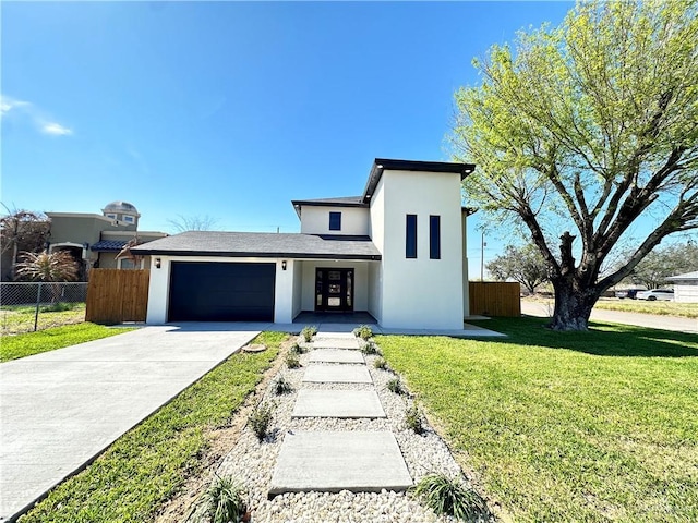 view of front facade featuring a garage, concrete driveway, fence, and stucco siding