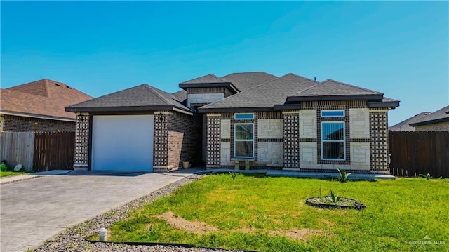 prairie-style home with a front yard, a garage, brick siding, fence, and concrete driveway