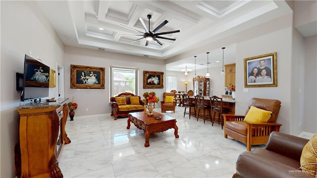 living room featuring marble finish floor, beam ceiling, baseboards, a ceiling fan, and coffered ceiling