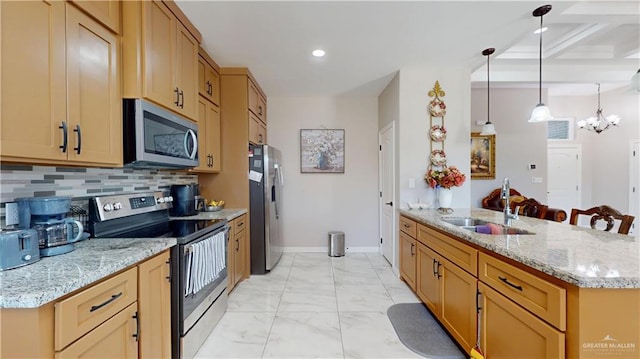 kitchen with decorative backsplash, a sink, a peninsula, marble finish floor, and stainless steel appliances